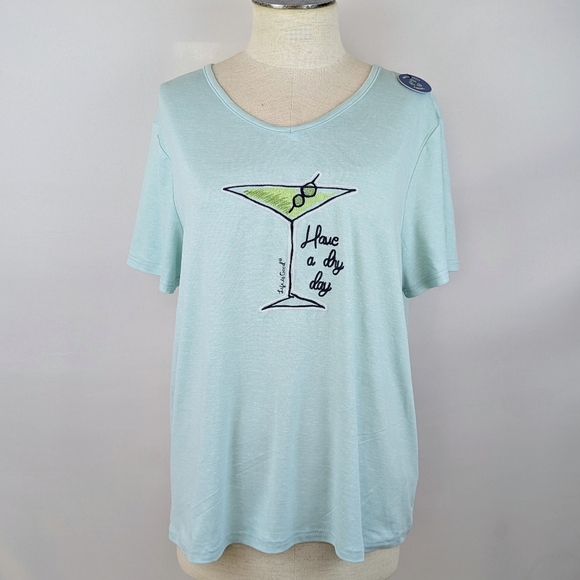 Life Is Good Martini Embroidery & Print PJ Set Short Sleeve Top Pant Teal XL NWT - Picture 3 of 16